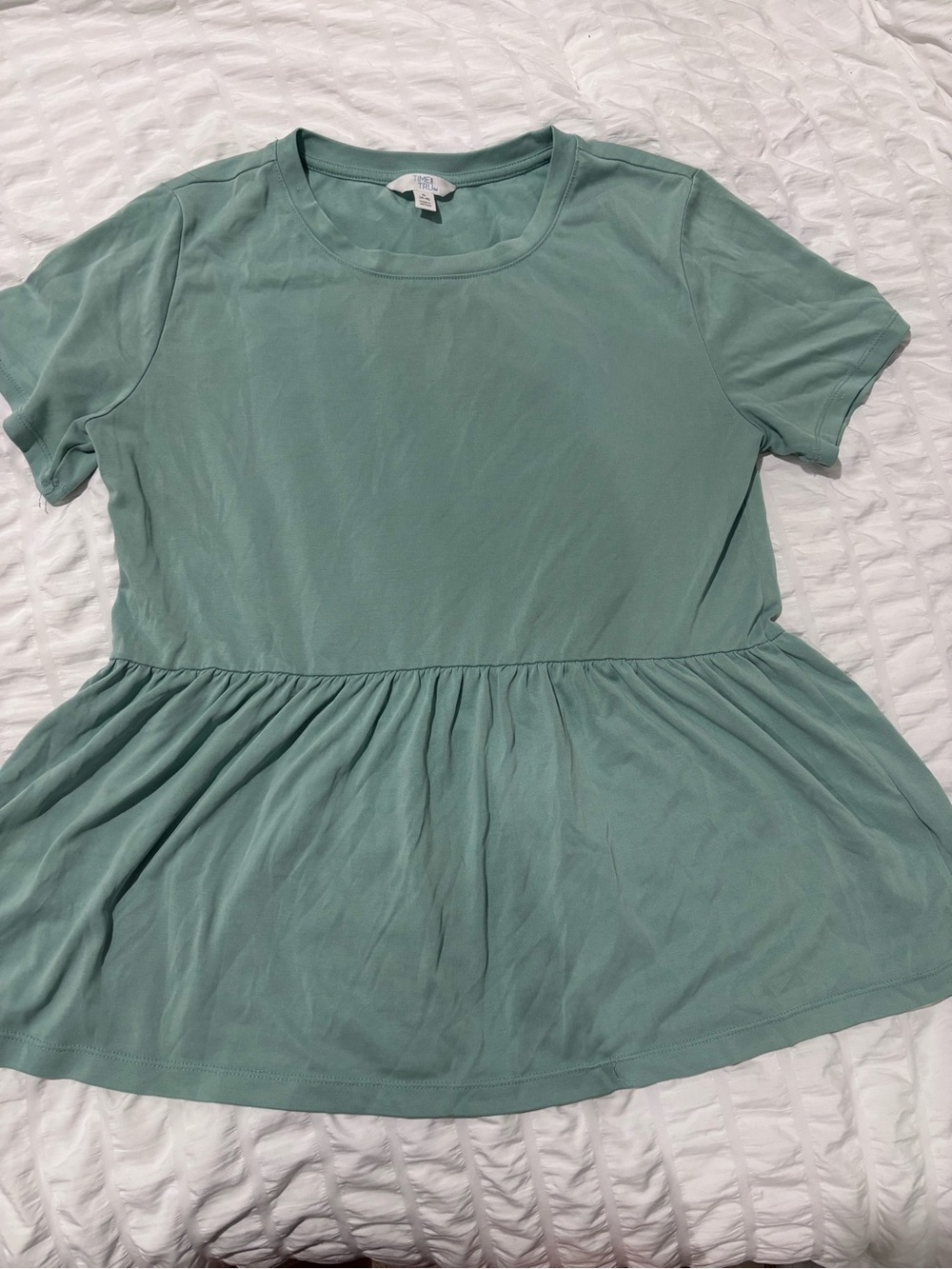 Women's Time and Tru Green Modal Peplum Blouse Top Small (4-6) Ruffle T-Shirt